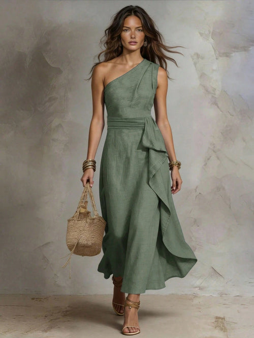 Solivie Women's Solid Color One-Shoulder Patchwork Ruffle Sleeveless Elegant Dress