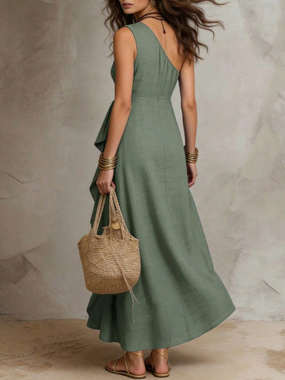 Solivie Women's Solid Color One-Shoulder Patchwork Ruffle Sleeveless Elegant Dress