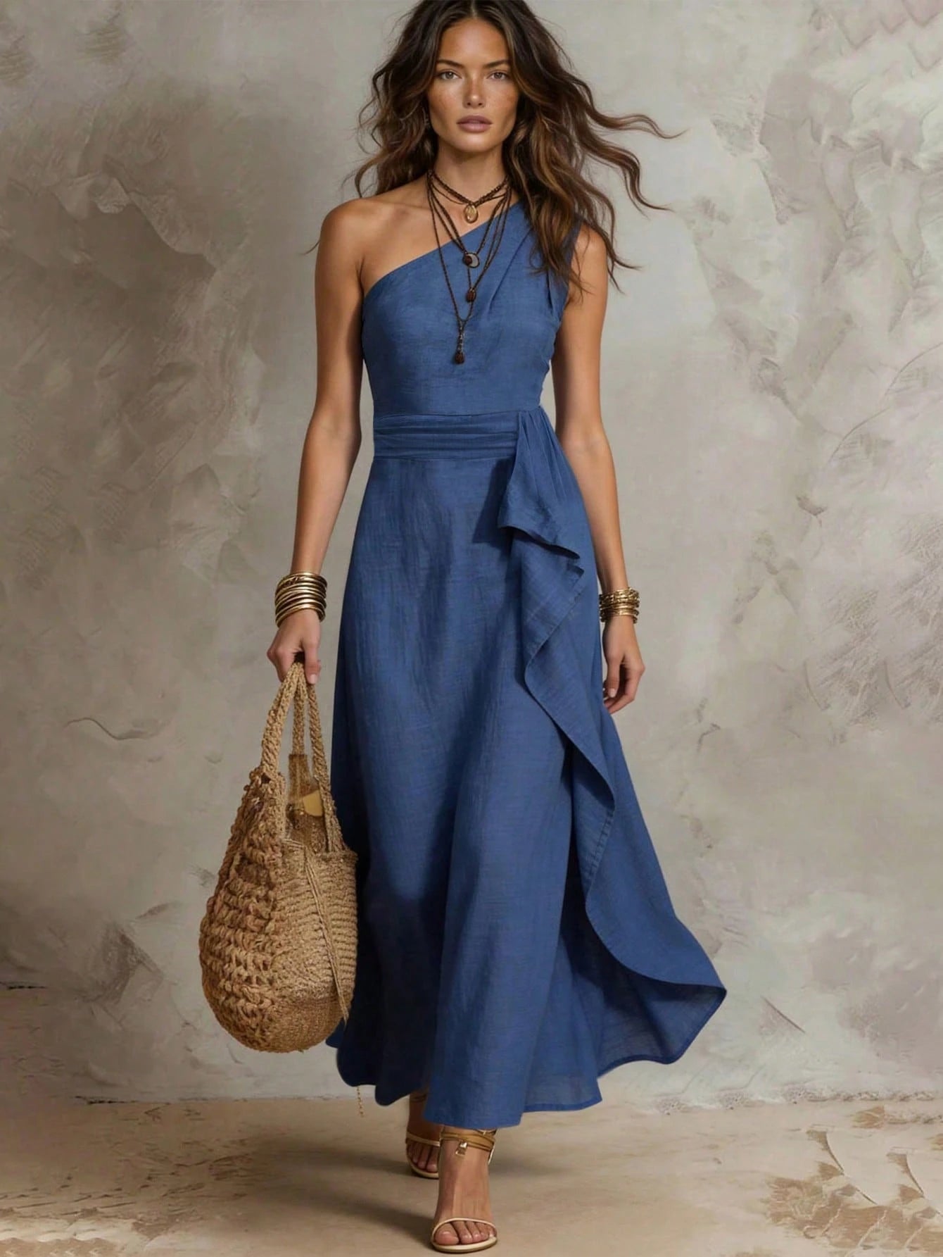 Solivie Women's Solid Color One-Shoulder Patchwork Ruffle Sleeveless Elegant Dress