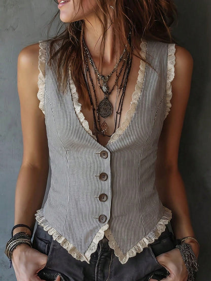 Solivie Women's Summer Bohemian Boho Vintage Elegant Lace Trim Vest Top Holiday Holiday Vacation Black And White Striped Stripe,Summer Top Music Festival