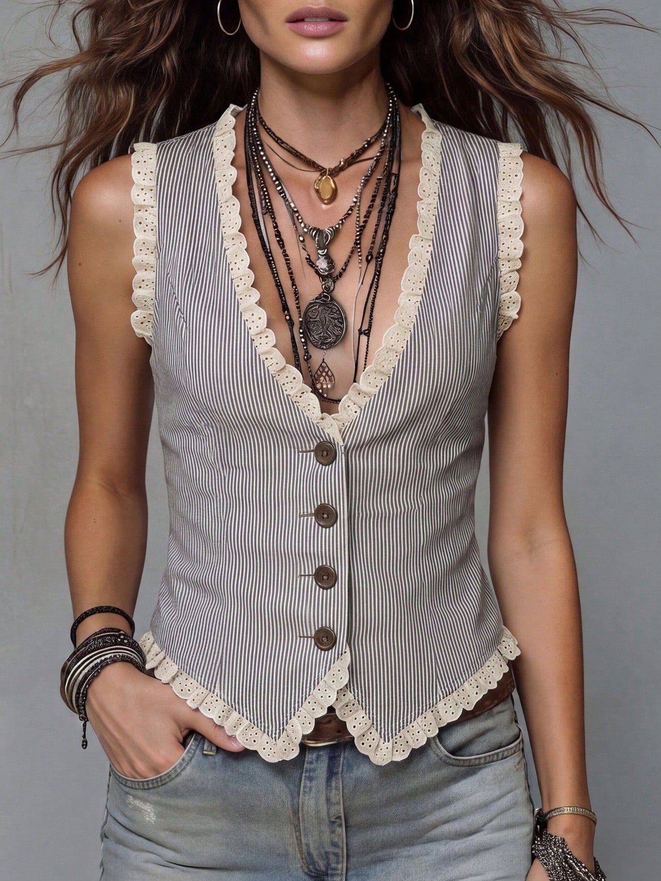 Solivie Women's Summer Bohemian Boho Vintage Elegant Lace Trim Vest Top Holiday Holiday Vacation Black And White Striped Stripe,Summer Top Music Festival