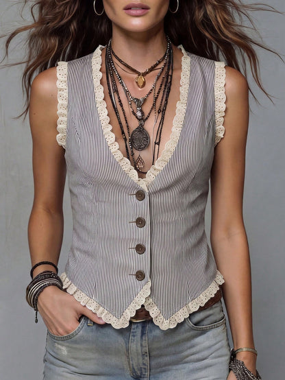 Solivie Women's Summer Bohemian Boho Vintage Elegant Lace Trim Vest Top Holiday Holiday Vacation Black And White Striped Stripe,Summer Top Music Festival