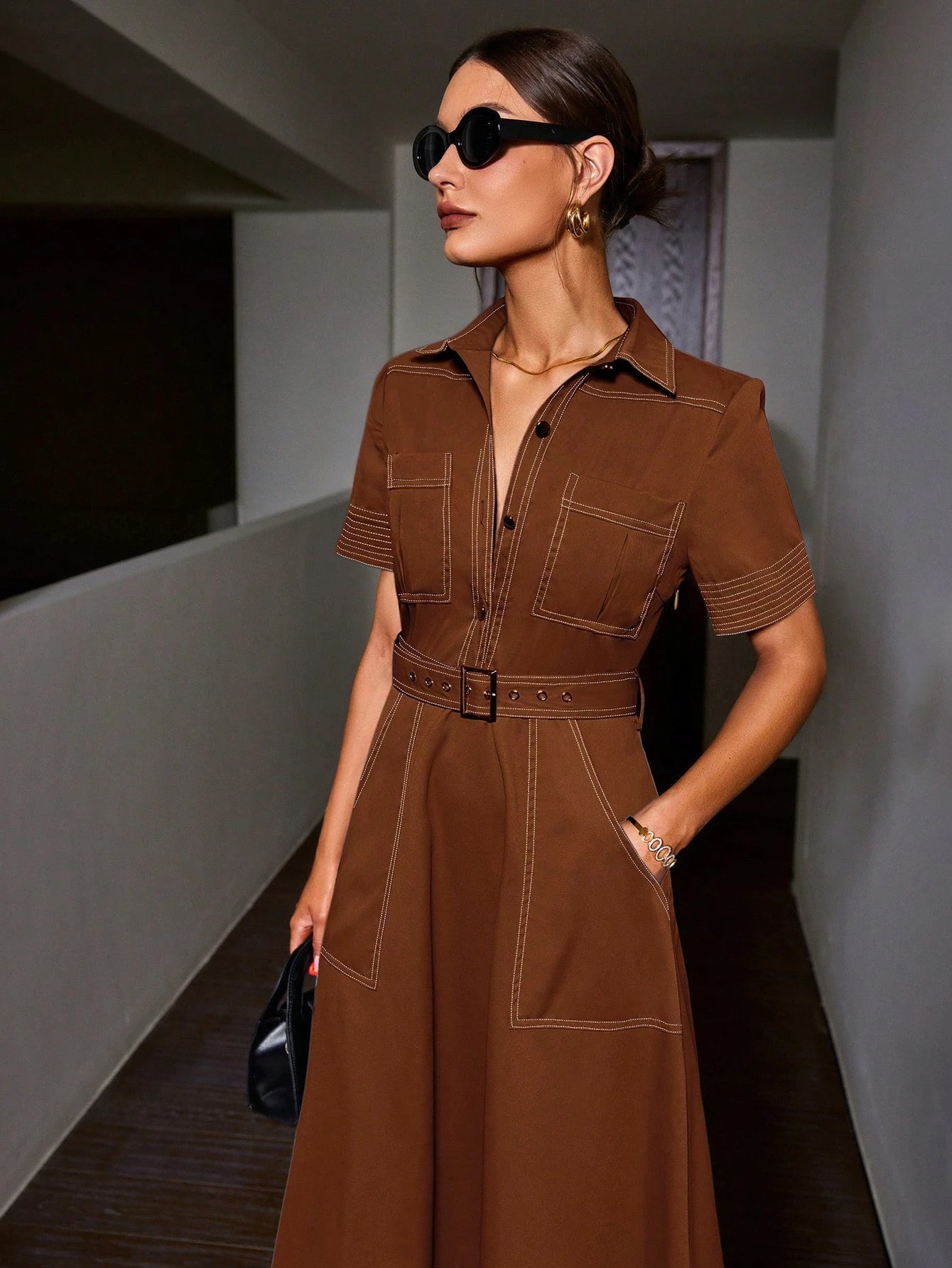 Sollinarry Women's Casual Vintage Inspired Short Sleeve Dress, Easy Care. Please Refer To Size Chart When Purchasing. Elegant Summer Brown