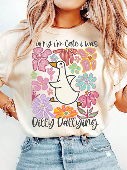 Sorry I'm Late I Was Dilly Dallying Goose Boho Floral DIY Iron-On Heat Transfer Sticker Decal Patch, Suitable For T-Shirts, Sweatshirts, Pillowcases, Fabric, Canvas Bags And Clothing Decoration, Holid