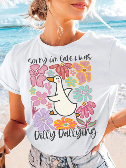 Sorry I'm Late I Was Dilly Dallying Goose Boho Floral DIY Iron-On Heat Transfer Sticker Decal Patch, Suitable For T-Shirts, Sweatshirts, Pillowcases, Fabric, Canvas Bags And Clothing Decoration, Holid