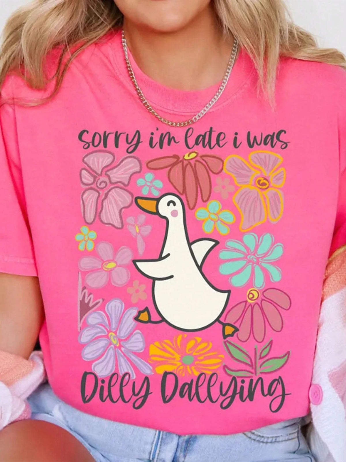 Sorry I'm Late I Was Dilly Dallying Goose Boho Floral DIY Iron-On Heat Transfer Sticker Decal Patch, Suitable For T-Shirts, Sweatshirts, Pillowcases, Fabric, Canvas Bags And Clothing Decoration, Holid