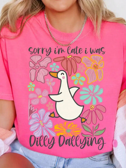 Sorry I'm Late I Was Dilly Dallying Goose Boho Floral DIY Iron-On Heat Transfer Sticker Decal Patch, Suitable For T-Shirts, Sweatshirts, Pillowcases, Fabric, Canvas Bags And Clothing Decoration, Holid