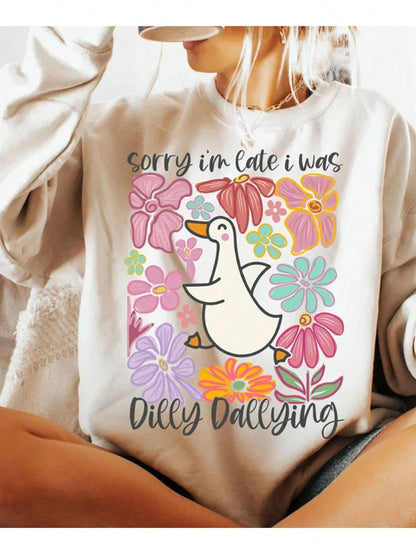 Sorry I'm Late I Was Dilly Dallying Goose Boho Floral DIY Iron-On Heat Transfer Sticker Decal Patch, Suitable For T-Shirts, Sweatshirts, Pillowcases, Fabric, Canvas Bags And Clothing Decoration, Holid