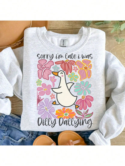 Sorry I'm Late I Was Dilly Dallying Goose Boho Floral DIY Iron-On Heat Transfer Sticker Decal Patch, Suitable For T-Shirts, Sweatshirts, Pillowcases, Fabric, Canvas Bags And Clothing Decoration, Holid