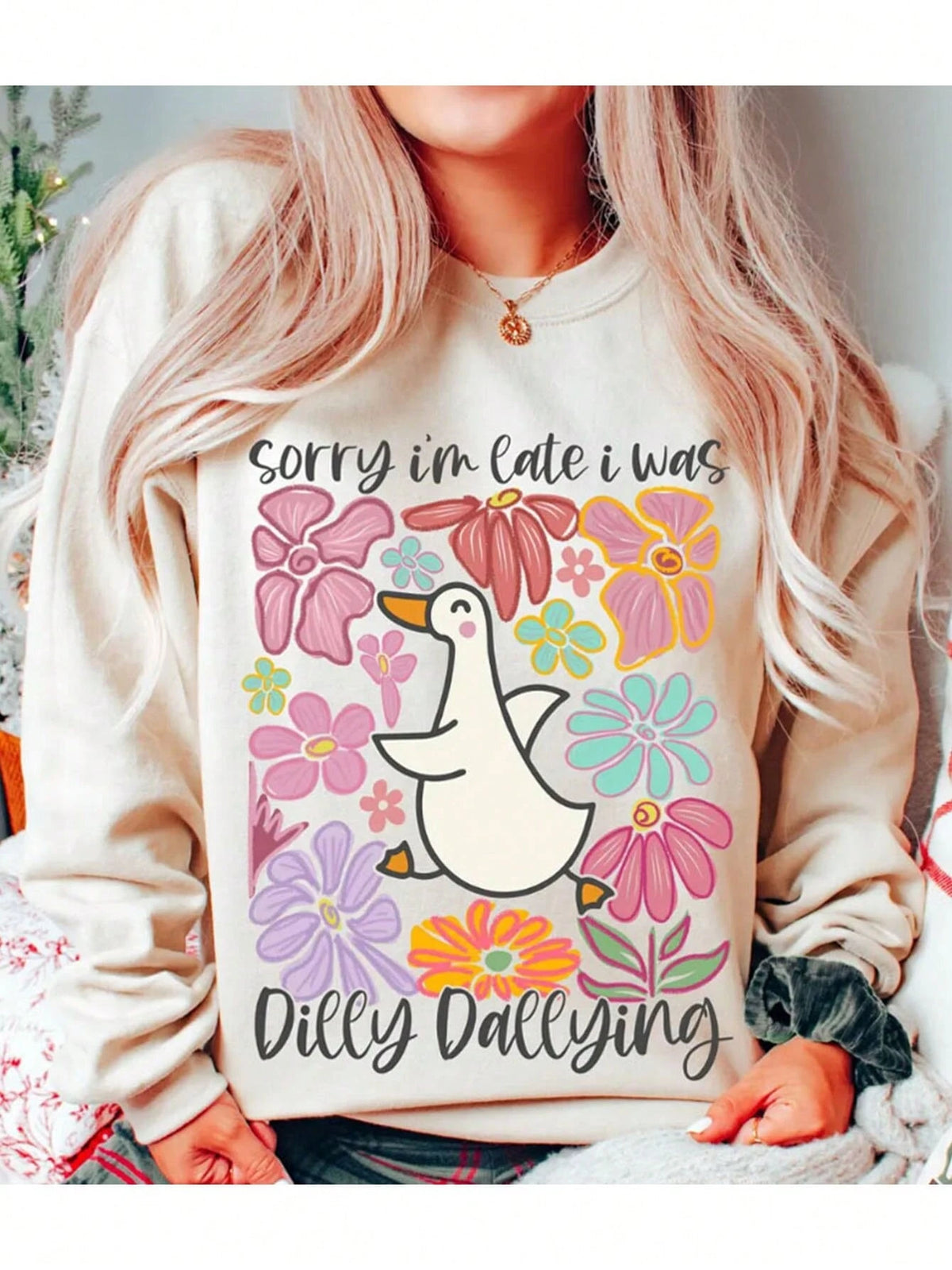 Sorry I'm Late I Was Dilly Dallying Goose Boho Floral DIY Iron-On Heat Transfer Sticker Decal Patch, Suitable For T-Shirts, Sweatshirts, Pillowcases, Fabric, Canvas Bags And Clothing Decoration, Holid