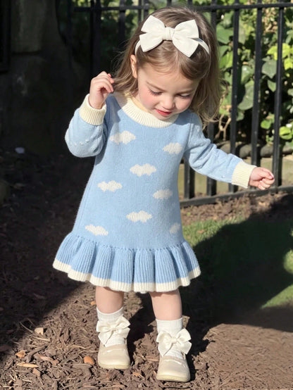Souflis Baby Girls Sweaters Dress Cute Bear Exquisite Wool-Like Jacquard Decoration Round Neck Pullover A-Line Dress With Pleated Hem And Handmade Bow Decor, Suitable For Outings, Travel, And Comforta