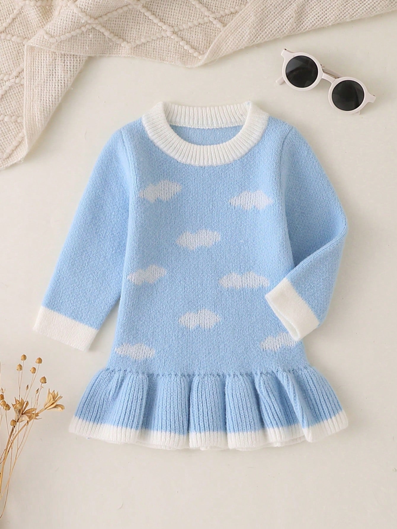 Souflis Baby Girls Sweaters Dress Cute Bear Exquisite Wool-Like Jacquard Decoration Round Neck Pullover A-Line Dress With Pleated Hem And Handmade Bow Decor, Suitable For Outings, Travel, And Comforta