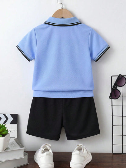 Souflis Souflis 2pcs Baby Boy Summer Outfit Short Sleeve Polo Shirt With Shorts Toddler Boy Clothes Set Black Summer Casual Club Family Matching Minimalist Clothes