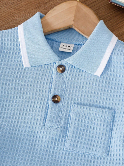Souflis Souflis 2pcs Infant Baby Boys Blue Summer Casual Outfit Short Sleeve Polo Shirt With Elastic Waist Shorts Set Family Matching Toddler Clothes Loose Fit 3M-3T