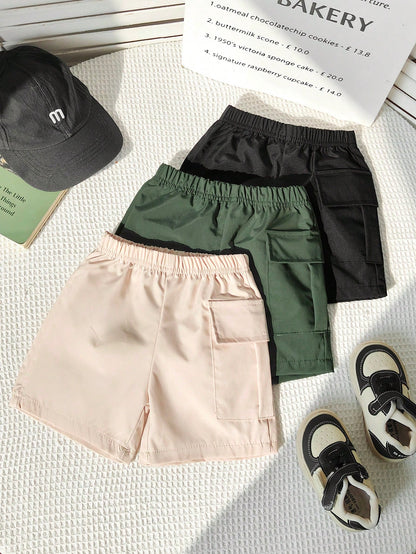 Souflis Souflis 3 Packs Toddler Boys' Casual Cargo Shorts Soft & Comfortable Multi-Pocket Bottoms For Daily Wear Outdoor School Vacation & Sports