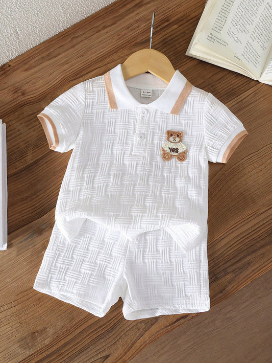 Souflis Souflis Babyboy White Summer Casual Cute Family Matching Jacquard Polo-Neck Short-Sleeved And Shorts Set College-Style Back-To-School Graduation Photoshoot