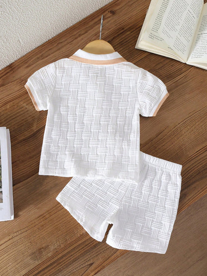 Souflis Souflis Babyboy White Summer Casual Cute Family Matching Jacquard Polo-Neck Short-Sleeved And Shorts Set College-Style Back-To-School Graduation Photoshoot