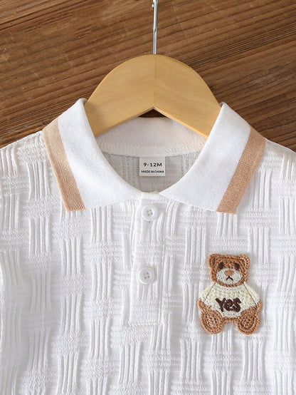 Souflis Souflis Babyboy White Summer Casual Cute Family Matching Jacquard Polo-Neck Short-Sleeved And Shorts Set College-Style Back-To-School Graduation Photoshoot