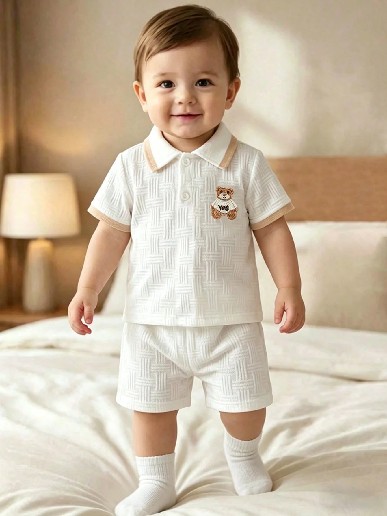 Souflis Souflis Babyboy White Summer Casual Cute Family Matching Jacquard Polo-Neck Short-Sleeved And Shorts Set College-Style Back-To-School Graduation Photoshoot