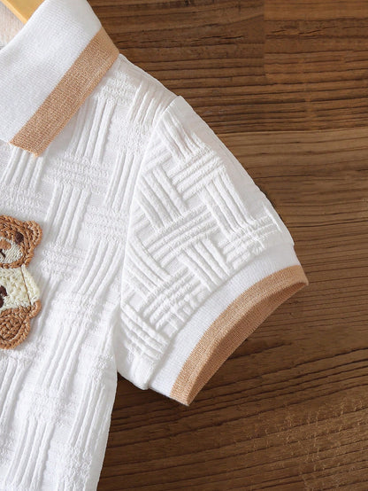 Souflis Souflis Babyboy White Summer Casual Cute Family Matching Jacquard Polo-Neck Short-Sleeved And Shorts Set College-Style Back-To-School Graduation Photoshoot