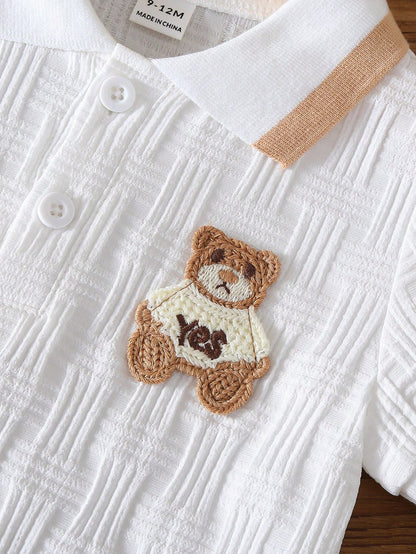 Souflis Souflis Babyboy White Summer Casual Cute Family Matching Jacquard Polo-Neck Short-Sleeved And Shorts Set College-Style Back-To-School Graduation Photoshoot