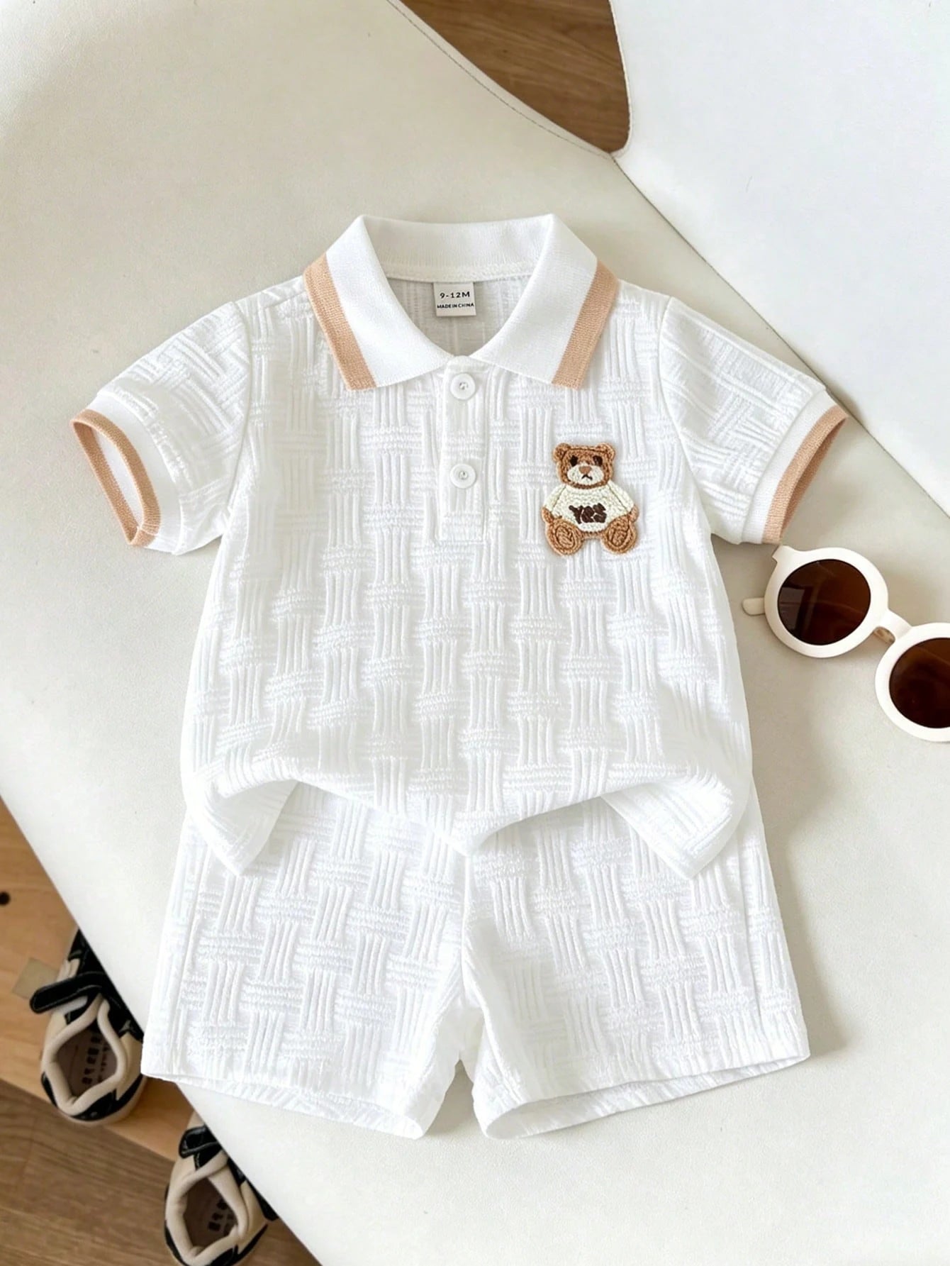 Souflis Souflis Babyboy White Summer Casual Cute Family Matching Jacquard Polo-Neck Short-Sleeved And Shorts Set College-Style Back-To-School Graduation Photoshoot