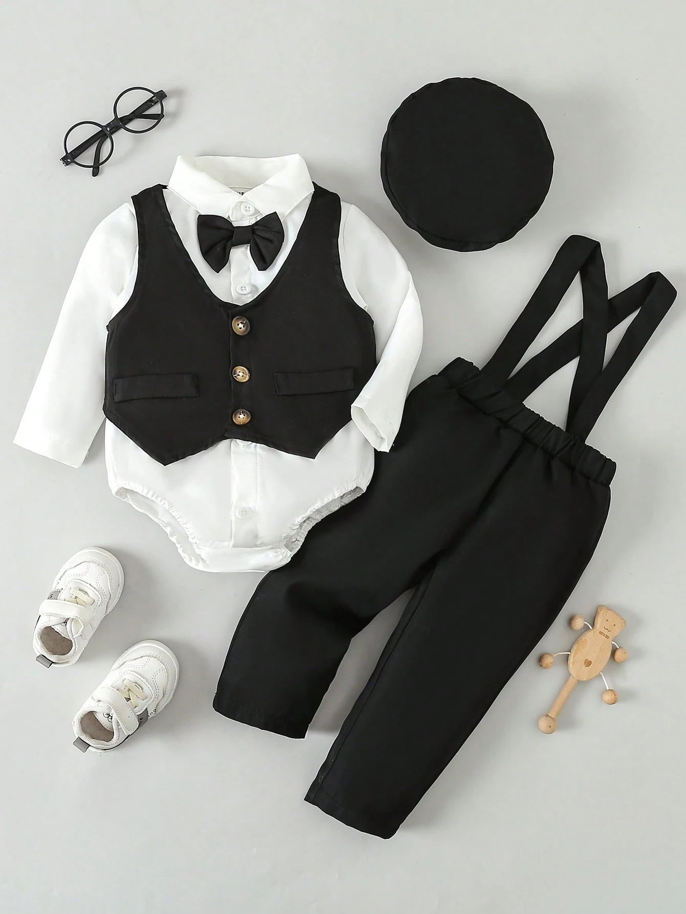 Souflis Souflis Multiple Pieces Baby Boy's Gentleman Style Elegant Classy Buttoned Shirt With Bowtie Suspender Long Pants Four Piece Suit Summer Wedding White Black