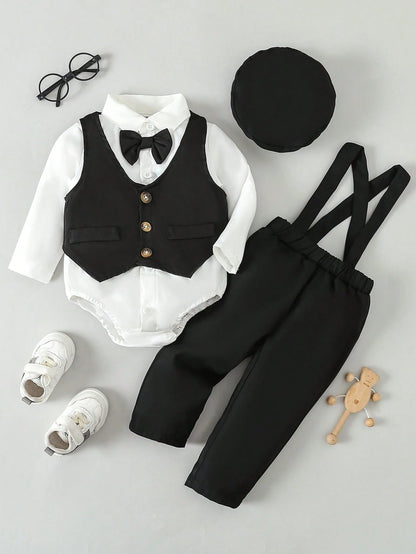 Souflis Souflis Multiple Pieces Baby Boy's Gentleman Style Elegant Classy Buttoned Shirt With Bowtie Suspender Long Pants Four Piece Suit Summer Wedding White Black