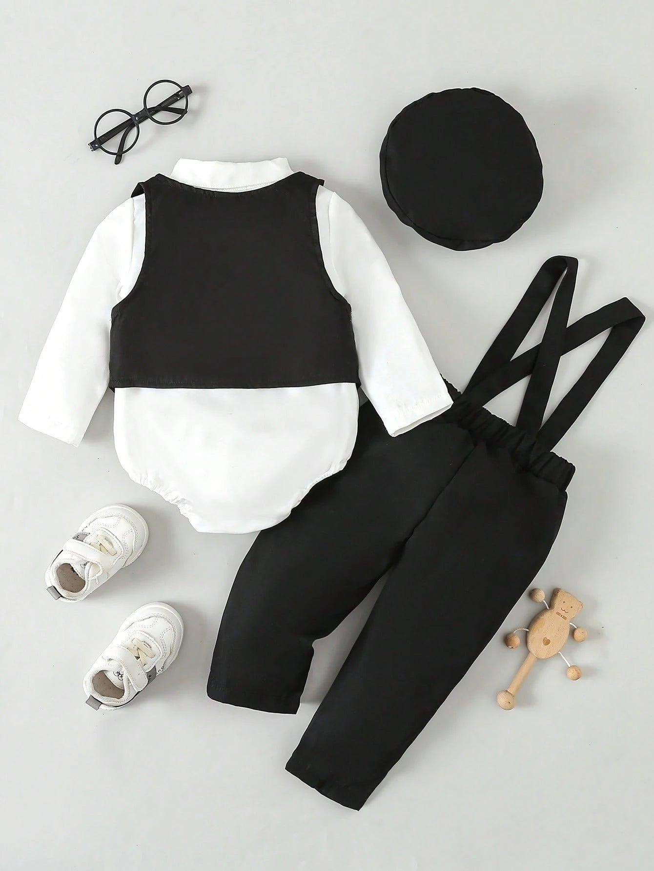 Souflis Souflis Multiple Pieces Baby Boy's Gentleman Style Elegant Classy Buttoned Shirt With Bowtie Suspender Long Pants Four Piece Suit Summer Wedding White Black