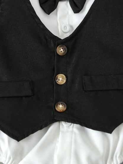 Souflis Souflis Multiple Pieces Baby Boy's Gentleman Style Elegant Classy Buttoned Shirt With Bowtie Suspender Long Pants Four Piece Suit Summer Wedding White Black