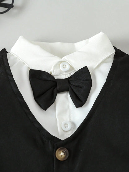 Souflis Souflis Multiple Pieces Baby Boy's Gentleman Style Elegant Classy Buttoned Shirt With Bowtie Suspender Long Pants Four Piece Suit Summer Wedding White Black
