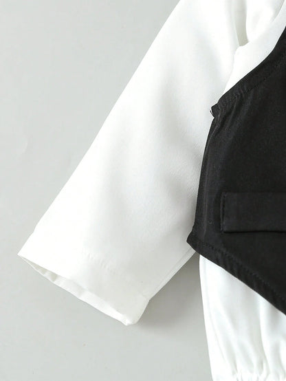 Souflis Souflis Multiple Pieces Baby Boy's Gentleman Style Elegant Classy Buttoned Shirt With Bowtie Suspender Long Pants Four Piece Suit Summer Wedding White Black