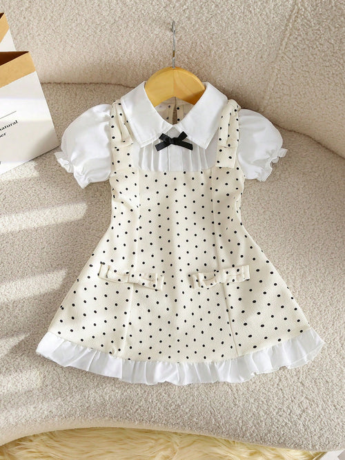 Souflis Souflis Summer Sweet Preppy Polka Dot Dress, 2 In 1 Peter Pan Collar Puff Short Sleeve Waist-Cinching A-Line Skirt, Black Bow And Ruffle Hem, Gentle Fresh Youthful Princess Style, Suitable For