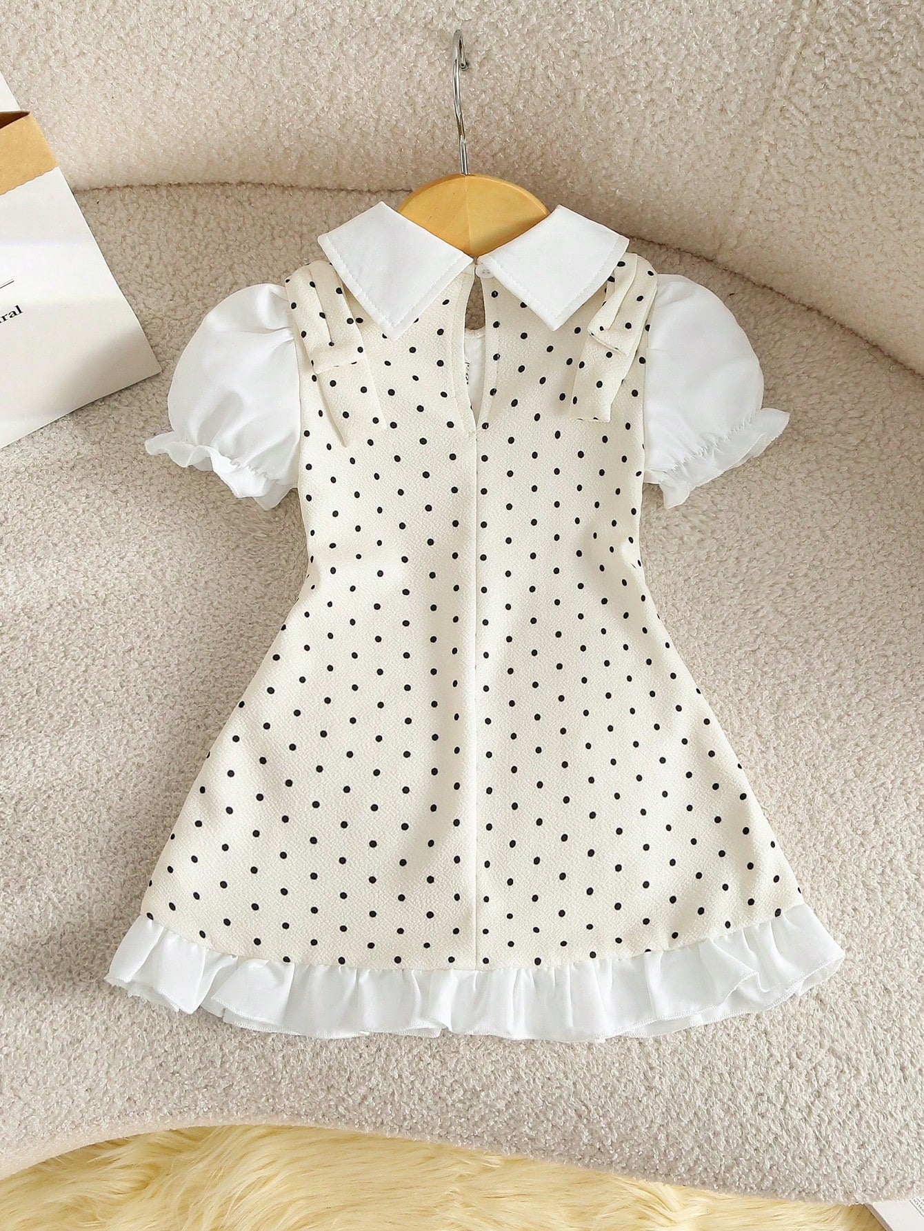 Souflis Souflis Summer Sweet Preppy Polka Dot Dress, 2 In 1 Peter Pan Collar Puff Short Sleeve Waist-Cinching A-Line Skirt, Black Bow And Ruffle Hem, Gentle Fresh Youthful Princess Style, Suitable For