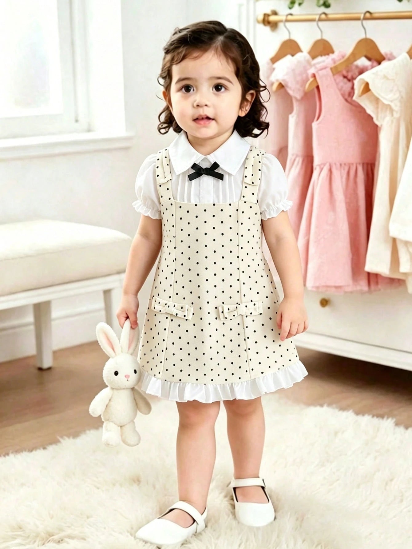 Souflis Souflis Summer Sweet Preppy Polka Dot Dress, 2 In 1 Peter Pan Collar Puff Short Sleeve Waist-Cinching A-Line Skirt, Black Bow And Ruffle Hem, Gentle Fresh Youthful Princess Style, Suitable For