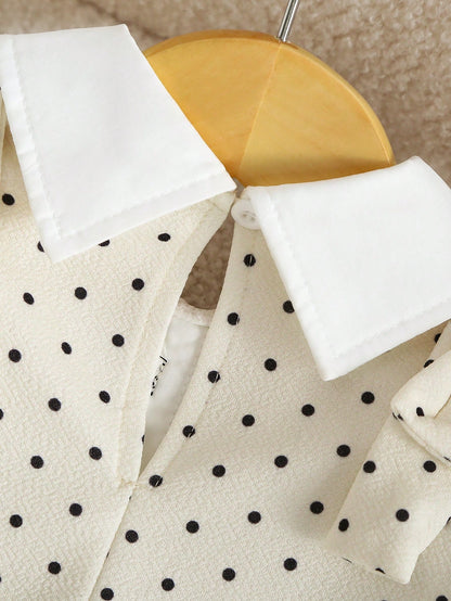 Souflis Souflis Summer Sweet Preppy Polka Dot Dress, 2 In 1 Peter Pan Collar Puff Short Sleeve Waist-Cinching A-Line Skirt, Black Bow And Ruffle Hem, Gentle Fresh Youthful Princess Style, Suitable For