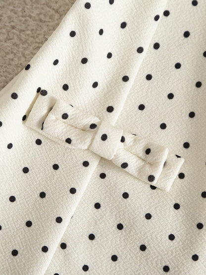 Souflis Souflis Summer Sweet Preppy Polka Dot Dress, 2 In 1 Peter Pan Collar Puff Short Sleeve Waist-Cinching A-Line Skirt, Black Bow And Ruffle Hem, Gentle Fresh Youthful Princess Style, Suitable For