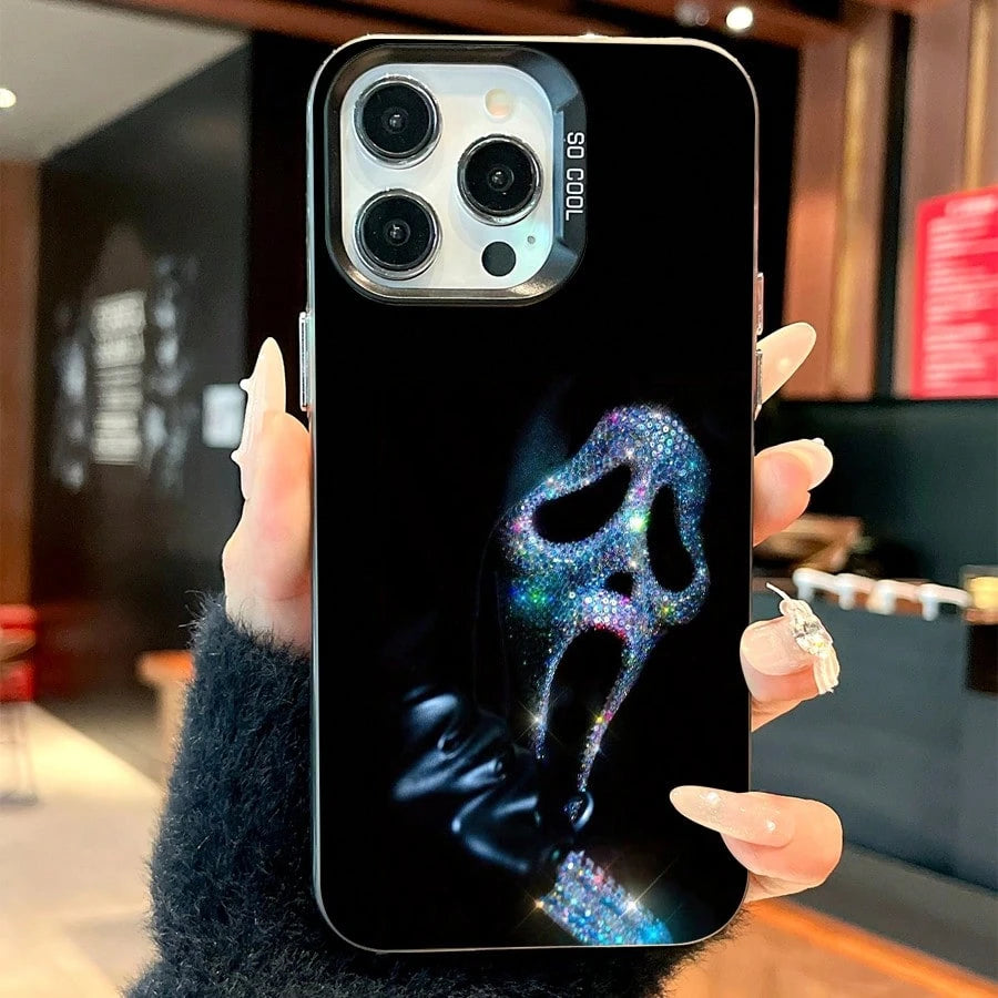 Sparkling Ghost Face Mobile Phone Case Designed With Rhinestones And A Sleek Black Finish Suitable For IPhone 16 15 14 13 12 And 11 Pro Models Made Of TPU Material And Provides Shockproof Protection.