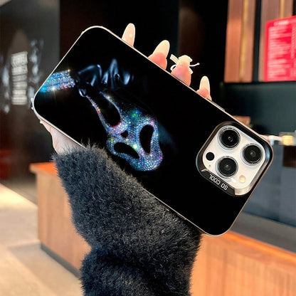 Sparkling Ghost Face Mobile Phone Case Designed With Rhinestones And A Sleek Black Finish Suitable For IPhone 16 15 14 13 12 And 11 Pro Models Made Of TPU Material And Provides Shockproof Protection.