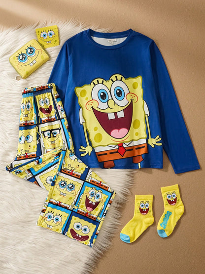 SpongeBob SquarePants| Tween Boy Cartoon Multi-Expression Pattern Knit Crew Neck Raglan Long Sleeve Top And Loose Flame Retardant Pants Pajama Set, Autumn/Winter