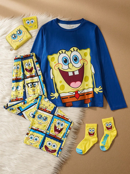 SpongeBob SquarePants| Tween Boy Cartoon Multi-Expression Pattern Knit Crew Neck Raglan Long Sleeve Top And Loose Flame Retardant Pants Pajama Set, Autumn/Winter