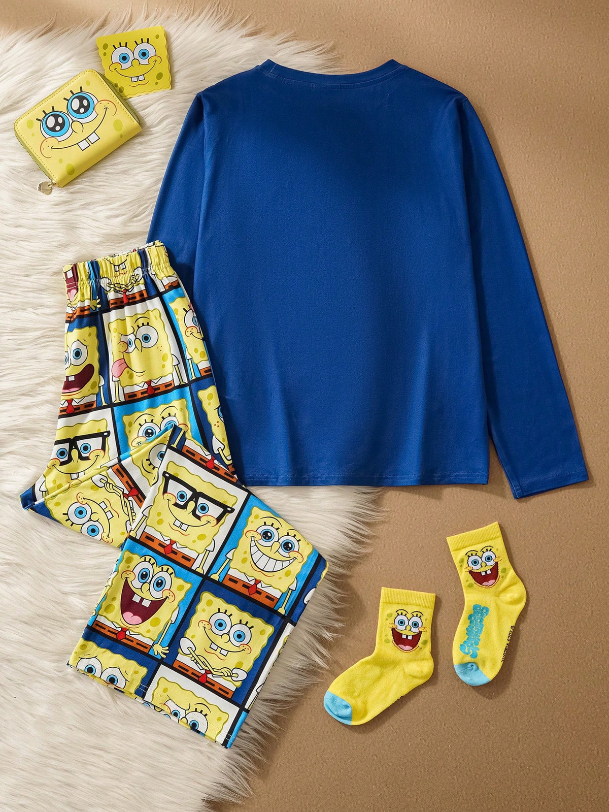 SpongeBob SquarePants| Tween Boy Cartoon Multi-Expression Pattern Knit Crew Neck Raglan Long Sleeve Top And Loose Flame Retardant Pants Pajama Set, Autumn/Winter