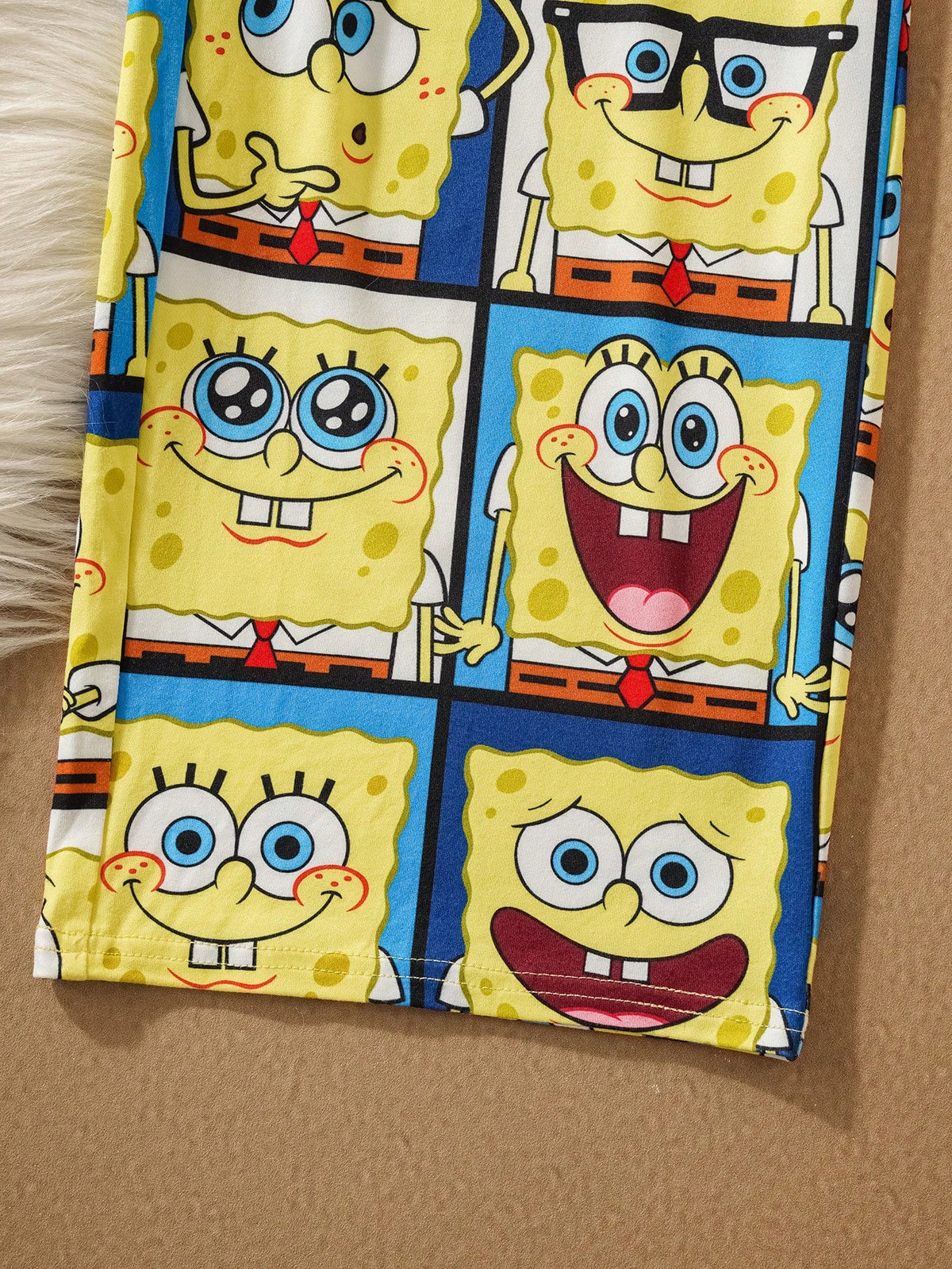 SpongeBob SquarePants| Tween Boy Cartoon Multi-Expression Pattern Knit Crew Neck Raglan Long Sleeve Top And Loose Flame Retardant Pants Pajama Set, Autumn/Winter