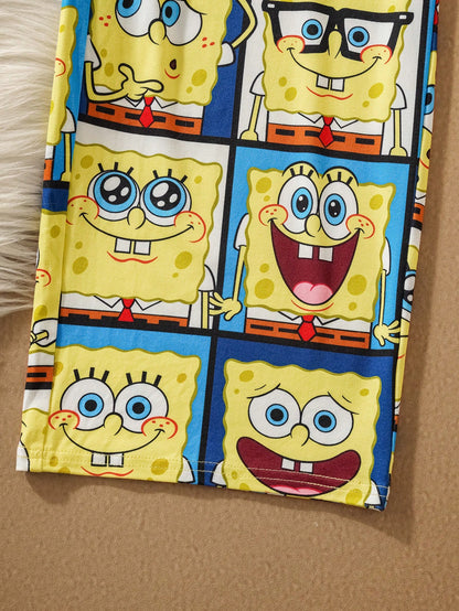 SpongeBob SquarePants| Tween Boy Cartoon Multi-Expression Pattern Knit Crew Neck Raglan Long Sleeve Top And Loose Flame Retardant Pants Pajama Set, Autumn/Winter