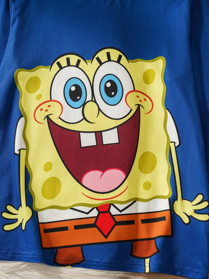 SpongeBob SquarePants| Tween Boy Cartoon Multi-Expression Pattern Knit Crew Neck Raglan Long Sleeve Top And Loose Flame Retardant Pants Pajama Set, Autumn/Winter