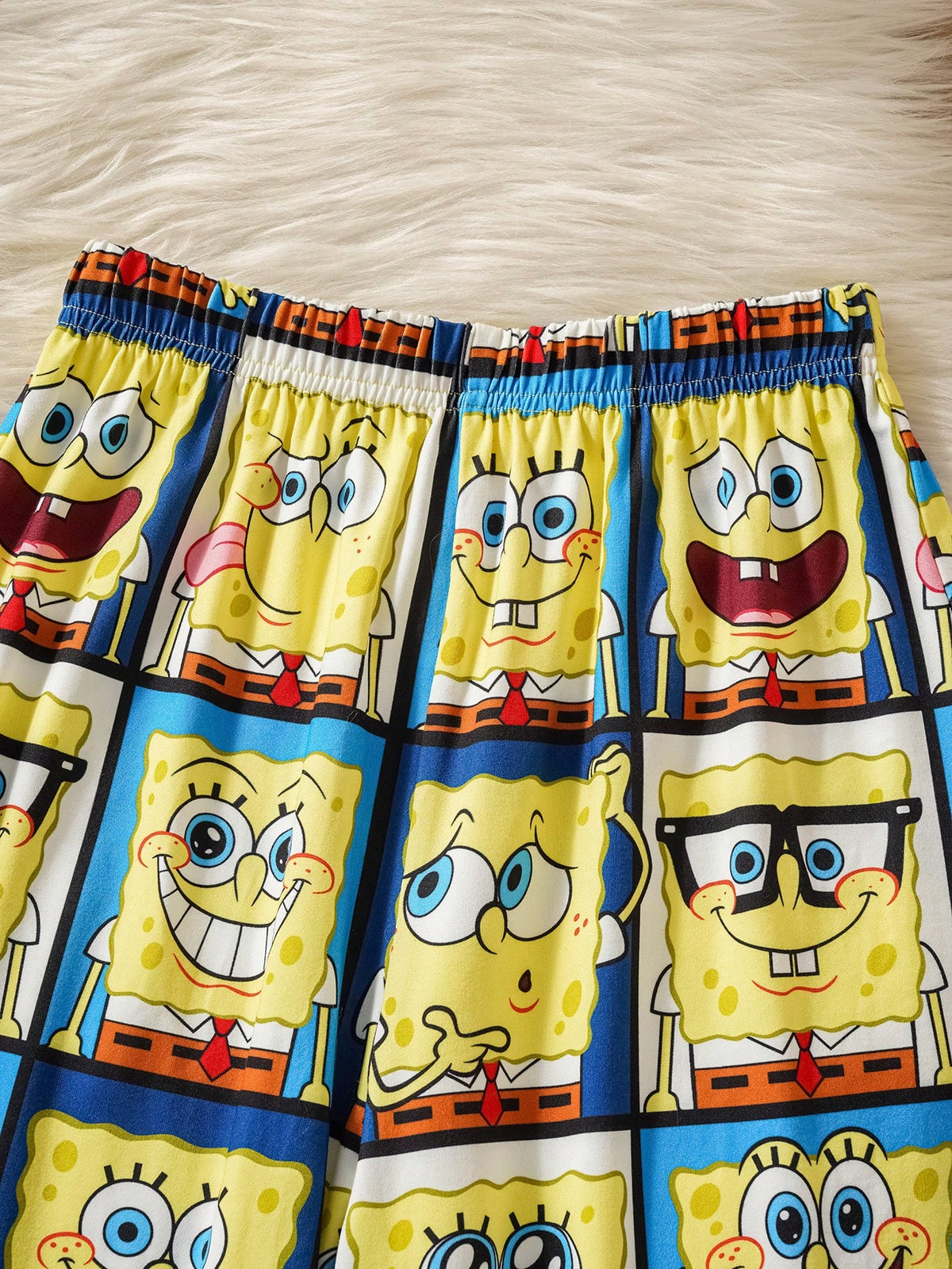 SpongeBob SquarePants| Tween Boy Cartoon Multi-Expression Pattern Knit Crew Neck Raglan Long Sleeve Top And Loose Flame Retardant Pants Pajama Set, Autumn/Winter