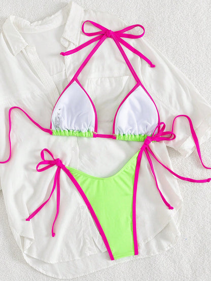 Spring Break Women's Contrast Color Sexy Bandeau Bikini Swimsuit Set, Beach Holiday Vacation Two Pieces Summer