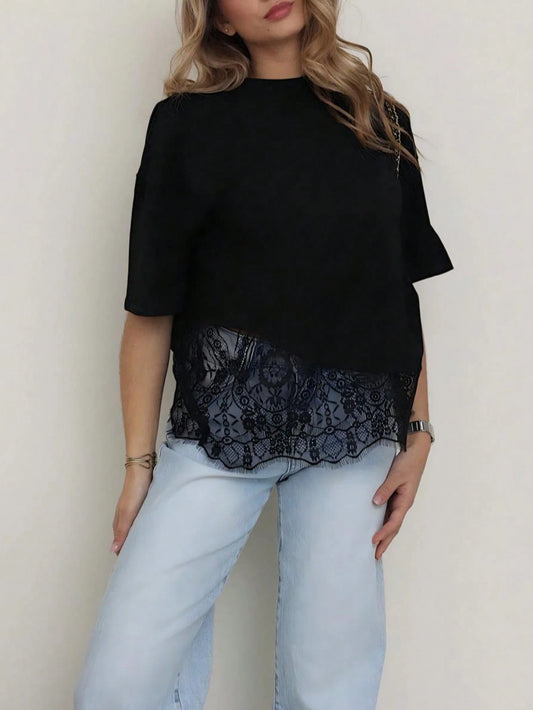 Spring New Solid Color Knit Fabric Lace Patchwork Short Sleeve T-Shirt, Casual, Sports, Office Wear For Spring/Summer Black