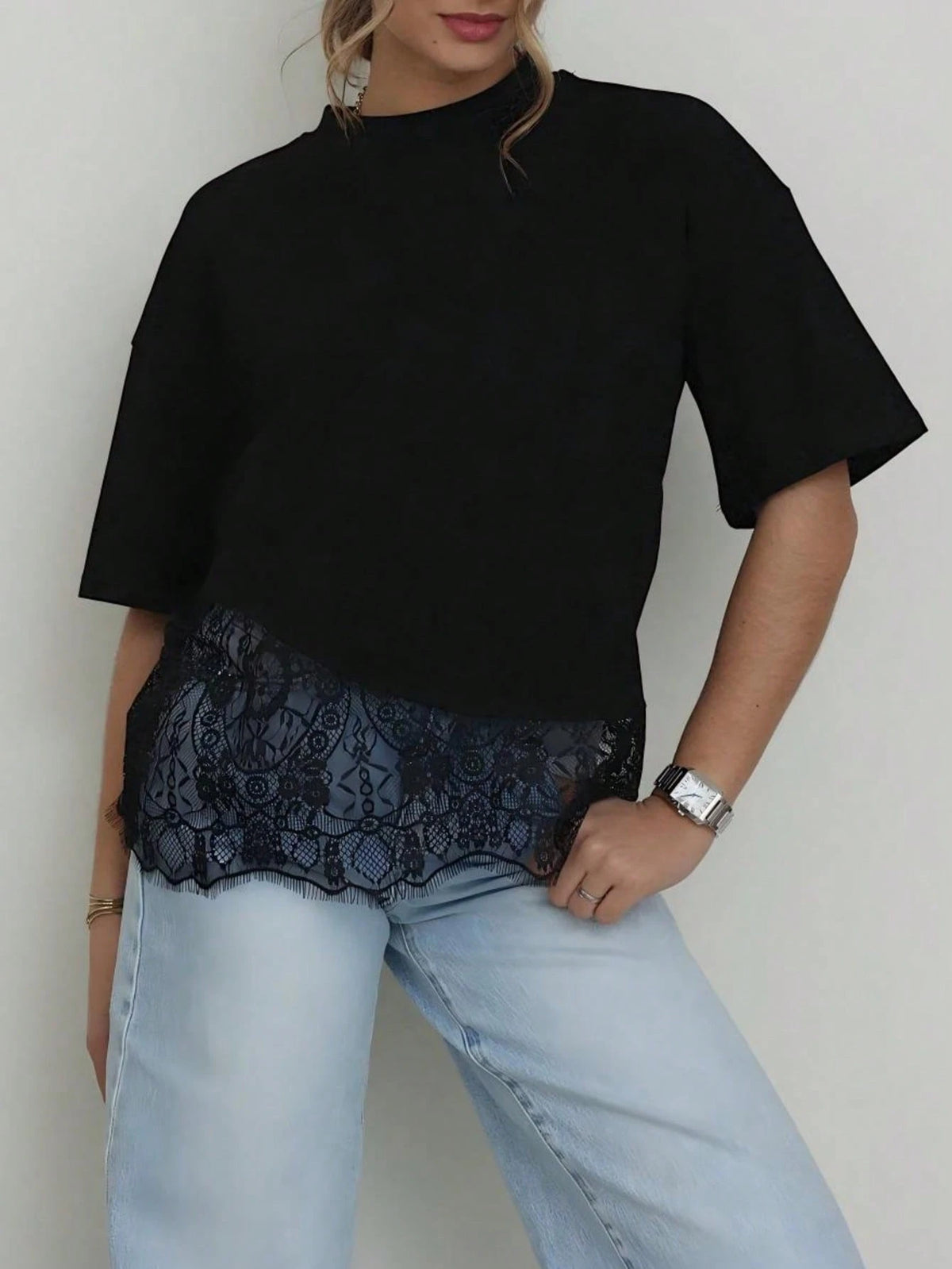 Spring New Solid Color Knit Fabric Lace Patchwork Short Sleeve T-Shirt, Casual, Sports, Office Wear For Spring/Summer Black