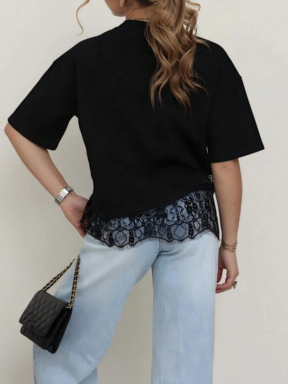 Spring New Solid Color Knit Fabric Lace Patchwork Short Sleeve T-Shirt, Casual, Sports, Office Wear For Spring/Summer Black